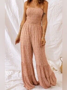 Smocked Bodice Jumpsuit Ditsy Daisy Wide-Leg Boho Western Festival 70s Summer